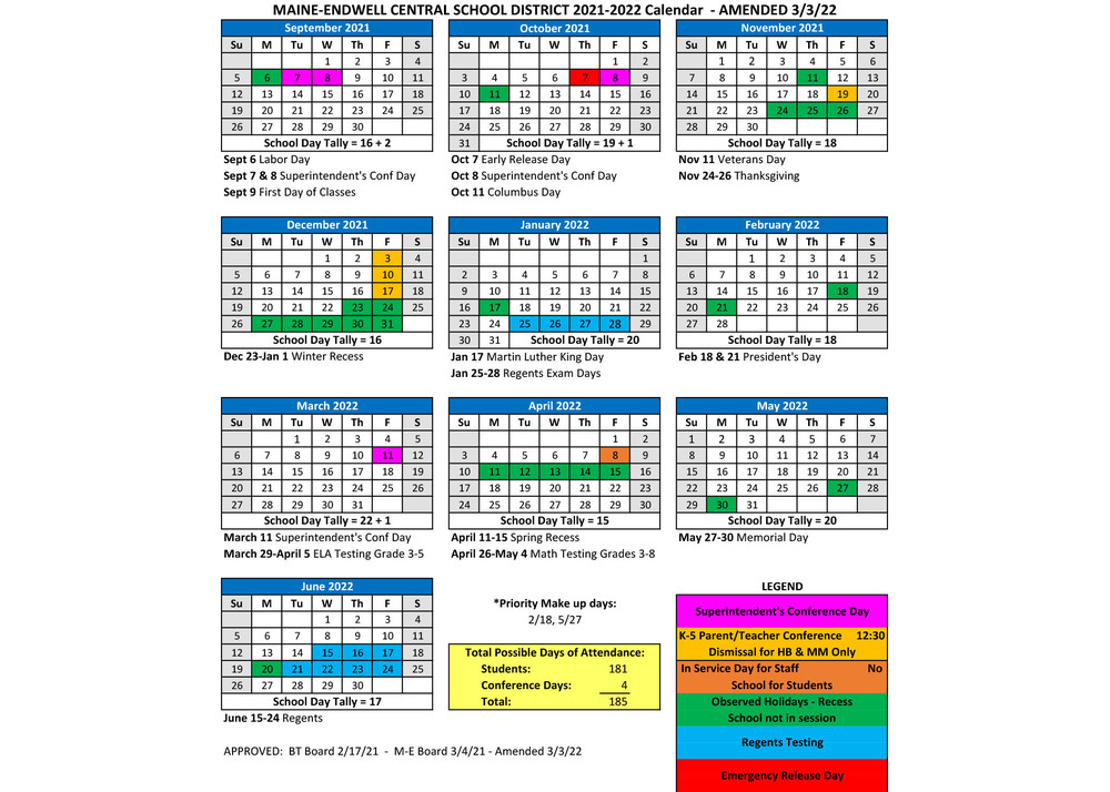 AMENDED 21 22 School Calendar Maine Endwell Central School District